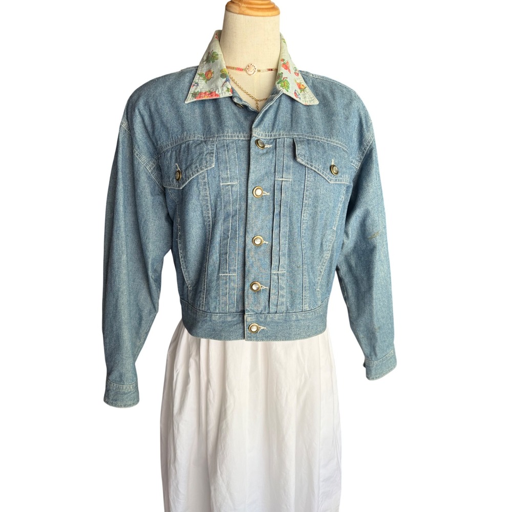 Lizwear Vintage Denim Jacket Medium Wash Floral Collar Blue Womens M